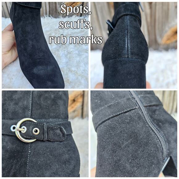 Black Suede Bootie Ann Taylor Breanna Size 6 Leather Harness Buckle Square Toe - Picture 10 of 13